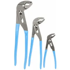 Self-adjusting tongue and groove plier set with maximum jaw openings of 1 1/4 in, 2 1/4 in, and 1 3/50 in. Designed for gripping, turning, and clamping nuts, pipes, and fittings in plumbing, HVAC, and general maintenance tasks.