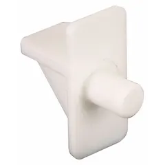 White painted plastic shelf support with 1/2 in width, 29/32 in length, and 1 in height. Rated for 5 lb capacity. Suitable for holding lightweight shelves in cabinets, closets, or display units. Pack of 8.