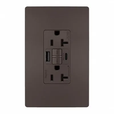 LEGRAND Receptacle: Duplex, 5-20R, 2 USB Ports, USB Type A/C, Brown, 125V AC, 20 A - Weather-Resistant Receptacles with USB Chargers