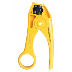 Carbon-steel stripper designed for cutting and stripping RG-59/6 and RG-59/RG-6 coaxial cables. Stripping range is 0.27 in. Suitable for telecom, security, and CATV installations requiring precise coax preparation.