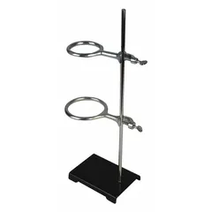This lab support stand features a rectangular steel base and a steel rod with a 3 in/4 in rod diameter and 18 in rod length. Overall dimensions are 18 in length and 4 in width. Used in laboratory settings to hold clamps, rings, and apparatus for procedures such as titrations, distillations, and filtration setups.