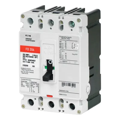 EATON Molded Case Circuit Breaker: 200 A Amps, 65kA at 240/277V AC, Fixed, ABC - FD-Frame Eaton Molded Case Circuit Breakers