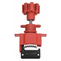This universal valve lockout base is constructed from fiberglass-reinforced nylon and accommodates valve handles with a maximum width of 1.6 inches. It is used to secure valves in the off position during maintenance or repair procedures, supporting lockout/tagout safety protocols