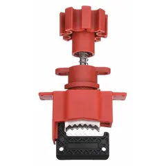 This universal valve lockout base is constructed from fiberglass-reinforced nylon and accommodates valve handles with a maximum width of 1.6 inches. It is used to secure valves in the off position during maintenance or repair procedures, supporting lockout/tagout safety protocols.