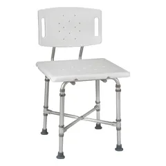 This HEALTHSMART shower chair features a plastic construction with a 21-inch maximum seat width and a 500 lb weight capacity. Designed for wet environments, it includes non-slip leg tips for stability. Suitable for use in home care, assisted living, and rehabilitation settings to support safe bathing for individuals with limited mobility or balance issues.