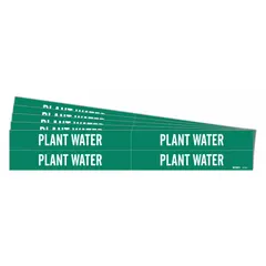 Green pipe markers with white legend reading 'Plant Water', designed to fit pipe outer diameters from 3/4 to 2-3/8 inches. Each pack contains 4 markers without arrows, suitable for identifying plant water lines in piping systems.