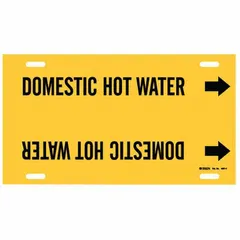 Yellow pipe marker with black legend reading 'Domestic Hot Water' and directional arrows. Fits pipe outer diameters of 6 to 7-7/8 inches. Used for identifying domestic hot water piping in commercial and industrial facilities.