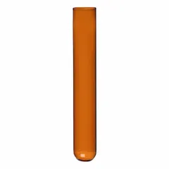 Amber glass test tube with 16 mm body diameter and 100 mm overall height. Round bottom, not graduated, and supplied without closure. Suitable for general laboratory procedures including mixing, heating, and storage of light-sensitive samples.