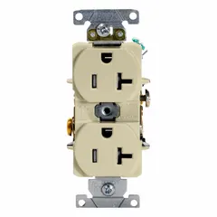 General purpose duplex receptacle rated 125V AC, 20A, with NEMA 5-20 configuration, 2-pole/3-wire grounding. Ivory finish. Suitable for use in residential and commercial branch circuits requiring a 20-amp, 125-volt outlet.