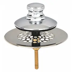 This WATCO bathtub drain stopper features a push-and-pull mechanism for opening and closing the drain. It is constructed of chrome-plated plastic with a silver finish and includes a grid strainer to catch hair and debris. The overall diameter is 2-7/8 inches. Suitable for use in residential and commercial bathtub drains.