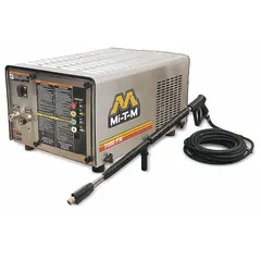 Stationary cold water pressure washer with belt-driven pump and electric burner. Operates on 120 V single-phase power, delivering 1,000 psi at 2.5 gpm with a 2 hp motor. Designed for hot water intake. Suitable for cleaning equipment, machinery, and surfaces in industrial facilities.