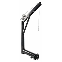 Manual steel davit crane kit with a 600 lb max load capacity. Boom length adjustable from 0 in to 6.7 ft, height 47.5 in. Steel body. Mounts to a vehicle hitch for portable lifting in maintenance and warehouse settings.