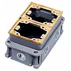 Rectangular cast-iron floor box with green finish, designed for in-floor electrical distribution. Accepts up to six 3/4 in conduit entries. Cover included. Suitable for routing power and data in commercial and industrial environments.