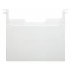 Clear plastic label holder designed for stacking and nesting totes. Snap-on mounting secures the holder to the tote, while the pocket-style attachment holds labels for identification. Suitable for warehouse and industrial storage applications to improve inventory organization.