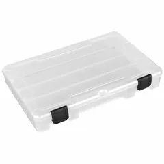 Clear plastic compartmented box with adjustable dividers for organizing small parts. Each compartment measures 6-1/4 in wide by 1-1/2 in deep. Not electrostatic discharge conductive. Suitable for workshop, assembly, and maintenance storage applications.