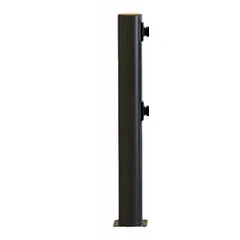 This swing gate post is made of black polypropylene with an unfinished finish. It includes four floor anchors and is designed for use with compatible swing gates to create pedestrian access points in industrial safety barrier systems. The post height is 44 1/2 inches.