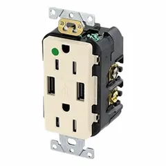 This LEVITON duplex receptacle is a hospital-grade, general-purpose wiring device with a 5-15R configuration. Rated for 125V AC and 15A, it features a light almond finish. Suitable for power distribution in commercial and institutional environments where reliable connections are required.