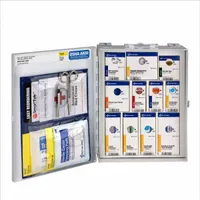 This portable general purpose first aid kit is housed in a white metal case and is OSHA compliant. It contains (50) adhesive bandages, (10) gauze pads, and (10) antibiotic ointments, with no oral or inhalant medication. Suitable for use in industrial facilities and similar environments