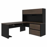 BESTAR L-Shaped Office Desk: Antigua/Black, 71 1/8 in Overall Wd, 82 7/8 in Overall Dp, ANSI/BIFMA (MPN 93867-000052)