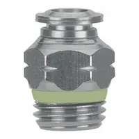 This stainless steel tube fitting connects 4 mm OD tubing to a 1/8"-28 male BSPP threaded port. It features a push-to-connect interface for quick, secure installation in pneumatic and fluid-handling systems. The silver-colored adapter is suitable for industrial automation, packaging, and material handling applications