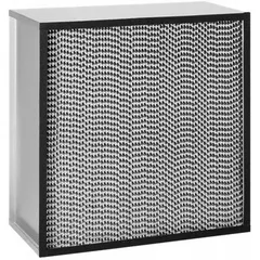 This 95% DOP HEPA-type air filter is designed for high-efficiency particulate removal in HVAC systems. It features a galvanized steel frame and a downstream face configuration. Typical applications include commercial and industrial settings where stringent air quality standards are required.