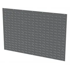 This wall-mount louvered panel measures 34 inches by 52 inches by 5/16 inch and has a gray powder-coated finish. Designed for one-sided use, it accepts standard bin hooks for flexible storage of small parts in workstations, warehouses, and assembly areas.