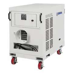This high-static heavy-duty portable air conditioner delivers 60,000 BtuH of cooling capacity on 230V AC. It covers areas from 3,000 to 3,600 sq ft and includes an air filter. Suitable for indoor or outdoor use in industrial facilities, event tents, and temporary worksites.