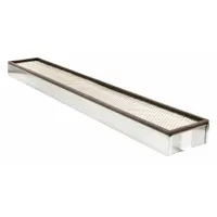 Rectangular panel cabin air filter with paper media and included gasket. Overall length 38 in. Designed for use in New Holland buses to filter incoming cabin air
