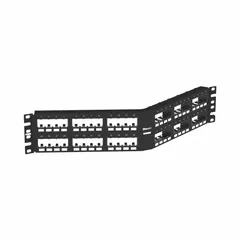 This 2-rack-unit steel patch panel provides 48 ports for terminating copper cabling in data centers and telecom rooms. The angled design and rear access simplify cable management, while front-numbered labels aid port identification. It accepts Panduit Mini-Com Modules as compatible adapters.