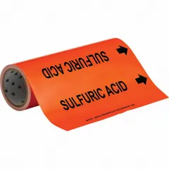 Orange adhesive pipe marker with black 'Sulfuric Acid' legend and directional arrows. Fits pipe outer diameters from 2-1/2 to 6 inches. Each roll contains 30 markers. Used to identify pipes carrying sulfuric acid in industrial facilities.