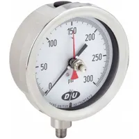 This DURO pressure gauge features a stainless steel case and wetted parts, a 4 1/2 in white dial with black pointer, and a red max hand that records peak pressure. It has a 0 to 300 psi range, ±0.5% accuracy, and a 1/4 in NPT male bottom connection. Suitable for measuring pressure in industrial systems such as hydraulics, pneumatics, and process piping, particularly with corrosive media