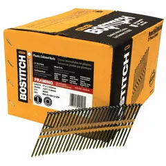 Collated framing nails with 3-1/4 in overall length, flat smooth shank, and diamond point. Suitable for use in pneumatic nailers for wood framing applications such as wall, roof, and deck construction. Pack of 4,000.