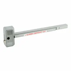 Battery-powered door alarm push bar with aluminum body. Emits a siren when the push bar is activated. Suitable for use on emergency exit doors in commercial and institutional settings.