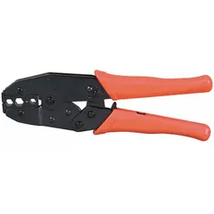 Hand tool for crimping 2-piece and 3-piece BNC connectors onto RG6 coaxial cable. Ratcheting mechanism ensures consistent crimp force. Used in telecommunications, security camera installations, and broadcast video systems.