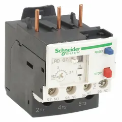 3-pole IEC thermal overload relay with integrated bimetallic elements, requiring no external thermal units. Features 1NO/1NC auxiliary contacts, screw clamp terminals, and phase loss sensitivity. Rated for 690V AC. Compatible with TeSys Deca contactors (9 to 38 Amp models). Used for motor protection in industrial control applications.