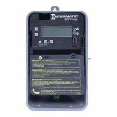 Digital timer switch with 7-day programming for outdoor use. Features SPST switching, 120-277V AC rating, and a metal body for surface mounting. Suitable for automating lighting, signage, or pump schedules without astronomic adjustment.