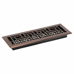 This one-way floor register from DECOR GRATES features a steel grille with a rubbed bronze finish. It measures 15 1/2 inches in height and 5 1/2 inches in width, with non-adjustable blades for unidirectional airflow. Suitable for floor installations in HVAC systems where consistent air delivery is required.