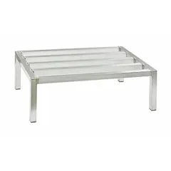 Welded aluminum dunnage rack with natural silver finish, measuring 8 in x 60 in x 24 in. Supports up to 1,500 lb and includes cap feet. Used in warehouses and manufacturing facilities for storing and organizing heavy materials.