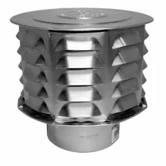 Round rain cap for gas vent termination, made of aluminum with a silver finish. Designed for 7-inch duct and snap-lock connection. Prevents rain and debris entry while allowing combustion gases to escape. Suitable for residential or commercial gas venting systems.