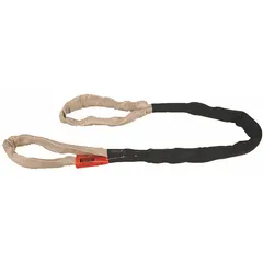 Polyester round sling with polyester sleeve and nylon cover, 5 ft length. Type 3 abrasion-resistant eye sling for lifting and rigging loads in industrial settings such as construction, manufacturing, and warehousing.