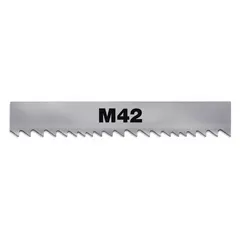 General purpose metal cutting blade for band saws. M42 high-speed steel edge provides wear resistance for cutting ferrous and non-ferrous metals. Length 21 ft 8 in, width 1-1/2 in, variable cutting edge 3/4 in. Suitable for straight and contour cuts in manufacturing and fabrication.