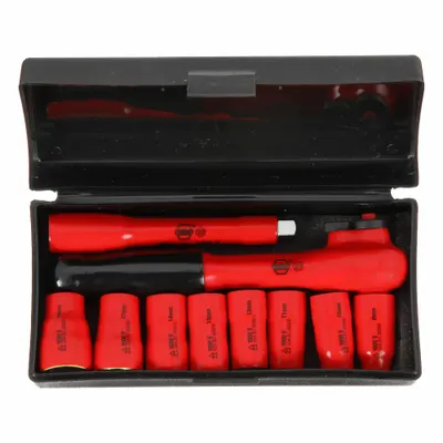 WIHA Socket Wrench Set: 3/8 in Drive Size, 10 Pieces, 8 to 19 mm Socket Size Range - Metric Insulated Socket Sets with Drive Tools
