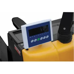 Electric pallet jack with built-in scale for weighing loads during transport. 24V lithium-ion battery, 120V AC charger. Steel forks: 47 in length, 25 in width. For moving and weighing palletized loads in warehouses and distribution centers.