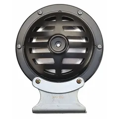 Electric-powered high tone horn for material handling equipment. Operates on 24-48V DC with a maximum sound level of 115 dBA. Painted black finish. Includes mounting bracket.
