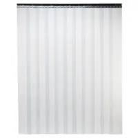 This strip door is designed for a 7 ft opening height and 3 3/8 ft opening width. It features 8 in wide clear PVC strips with 50% overlap and a press-on mounting method. Suitable for maintaining temperature separation in cold storage, freezers, and refrigerated areas while allowing passage of personnel and equipment