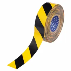 This extra-durable floor marking tape features a black/yellow striped pattern for safety and hazard identification. It is 2 inches wide by 100 feet long with a 22 mil thickness and a polyester backing. Commonly used to mark aisles, walkways, and danger zones in industrial facilities.
