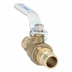 This brass ball valve features a straight PEX x PEX configuration with a lever handle for manual flow control. Rated for a maximum working pressure of 250 psi (CWP), it is suitable for use in plumbing systems requiring on/off shutoff, such as hydronic heating or potable water lines.