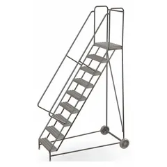 Assembled aluminum tilt-&-roll ladder with a 7.5 ft platform height, double handrails, and a gray finish. No locking mechanism. Suitable for accessing elevated platforms in industrial maintenance, warehousing, and construction applications.