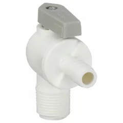 This one-piece polypropylene ball valve features an angle-body design with a 3/8 in barb x MNPT connection and a lever handle. It is used for manual on/off flow control in fluid systems, particularly where corrosion resistance is required.