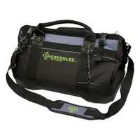 This GREENLEE tool bag is constructed from black polyester and features a wide-mouth opening for easy access. It includes 19 inside pockets for organizing hand tools, fasteners, and small parts. Suitable for job site use by electricians, technicians, and maintenance professionals